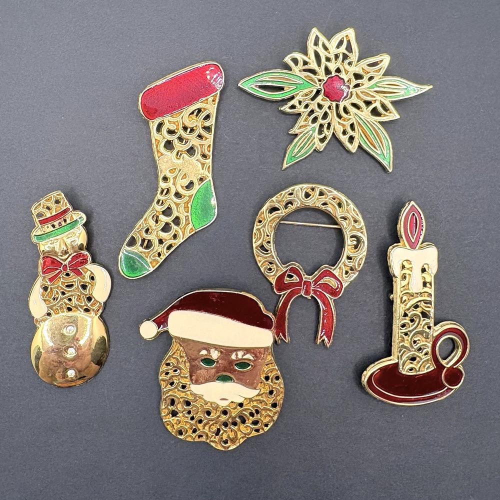 Vintage Christmas Brooches Santa Snowman Wreath Lot of 6 Holiday Retro Enamel